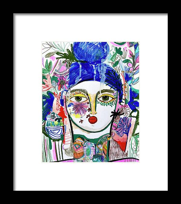 Abstract Face Art Framed Print featuring the mixed media Bohemian Floral Portrait by Rosalina Bojadschijew