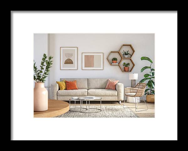 Rug Framed Print featuring the photograph Bohemian living room interior - 3d render by CreativaStudio