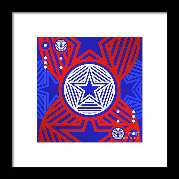 Abstract Framed Print featuring the mixed media Bold Primary Geometric Glyph Art in Red White and Blue n.0489 by Holy Rock Design