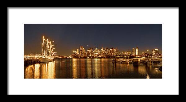 Twilight Framed Print featuring the photograph Boston Harbor City Lights and Tall Ship Pano 2 by Lindsay Thomson