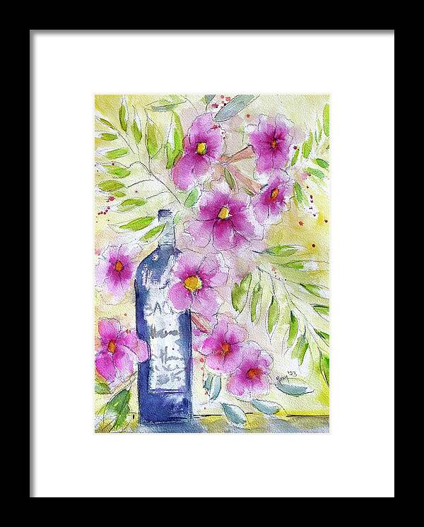 Wine Bottle Framed Print featuring the painting Bottle and Blooms by Roxy Rich