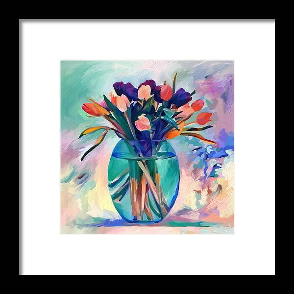 Bowl Of Tulips Framed Print featuring the mixed media Bowl of Tulips by Ann Leech