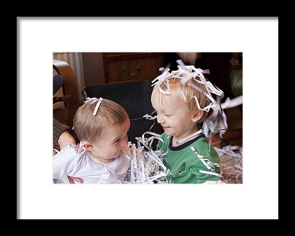 White People Framed Print featuring the photograph Boys playing with shredded paper by Michael Honor