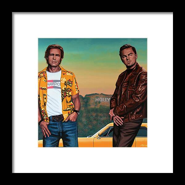 Brad Pitt Framed Print featuring the painting Brad Pitt and Leonardo DiCaprio in Hollywood Painting by Paul Meijering