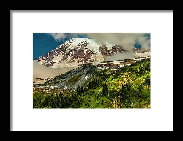 Mt Rainier Appearing From The Skyline Trail As The Fog Burns Away. Framed Print featuring the photograph Break on Through by Doug Scrima