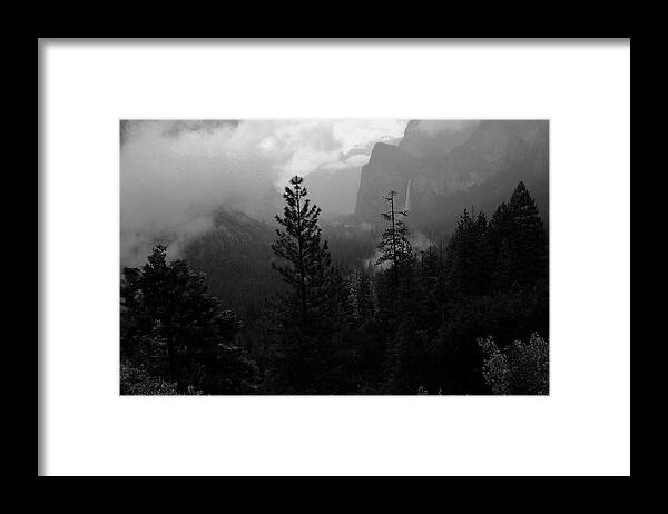 Yosemite Framed Print featuring the photograph BRIDAL VEIL AT THE CRACK OF DAWN - Black and white by Walter Fahmy