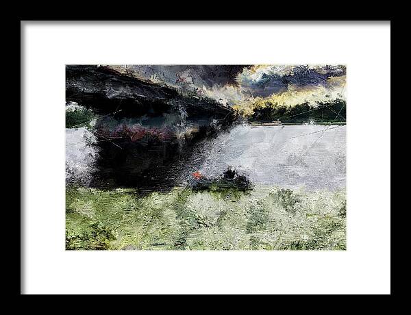 Abstract Expressionism Framed Print featuring the mixed media Bridge River Fishing/Abstract Expressionism by Aleksandrs Drozdovs