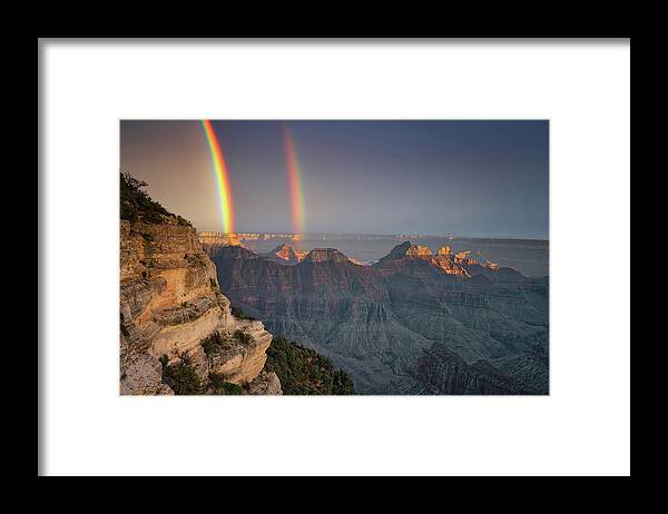 Arizona Framed Print featuring the photograph Brief evening light during a summer monsoon rain storm creates this brilliant double rainbow. by Larry Geddis