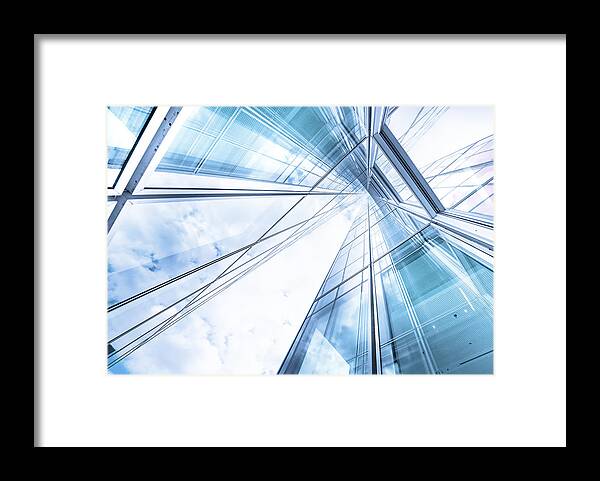 Downtown District Framed Print featuring the photograph Bright future, finance buildings seen from below by Olaser