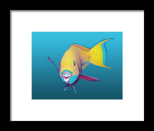 Heavybeak Parrotfish Framed Print featuring the mixed media Parrotfish - Brightly colored on gradient blue background - by Ute Niemann