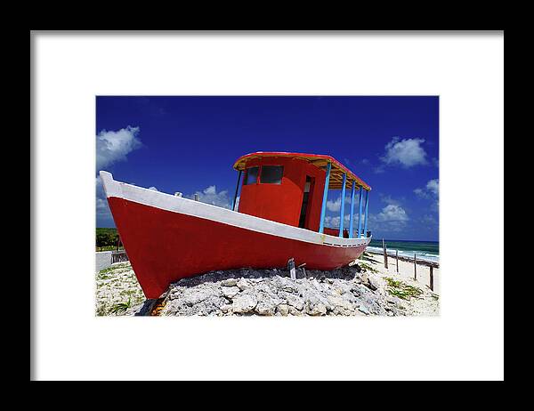 Cozumel Framed Print featuring the photograph Brilliant Red Boat on Cozumel Beach by Peter Herman