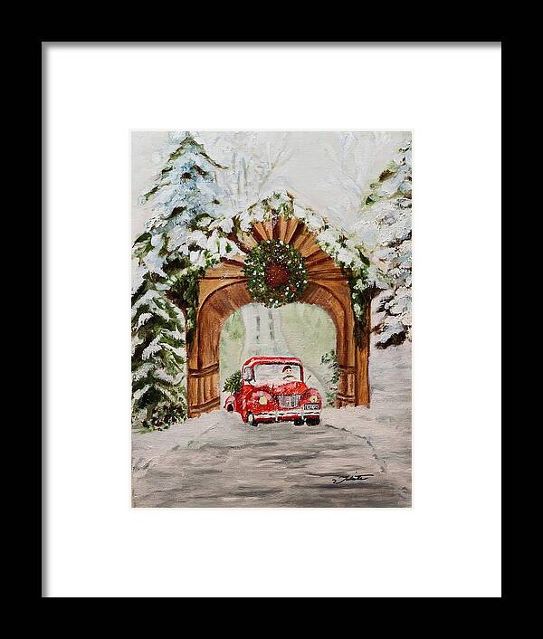Red Truck Framed Print featuring the painting Bringing Home the Tree by Juliette Becker