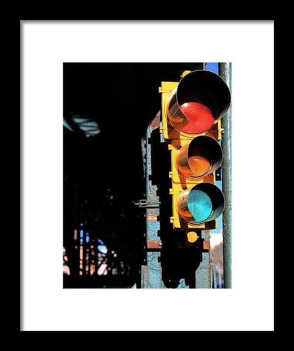 Traffic Signal Framed Print featuring the photograph Broadway Traffic Signal under Manhattan Valley 1 Train Viaduct by Steve Ember