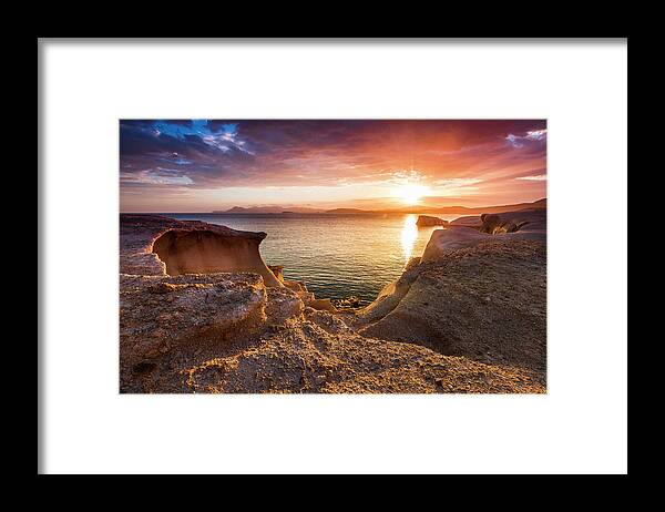 Aegean Sea Framed Print featuring the photograph Bronze Sea Rocks by Evgeni Dinev