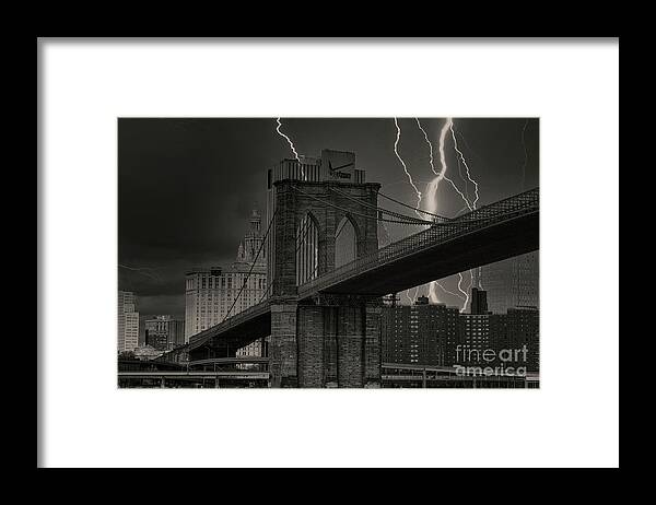 Brooklyn Bridge Framed Print featuring the photograph Brooklyn Bridge Lightning BW by Chuck Kuhn