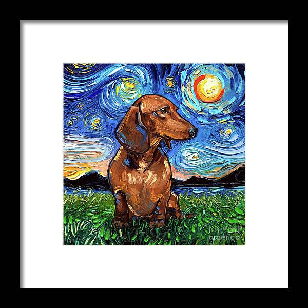 Dachshund Framed Print featuring the painting Brown Dachshund Night by Aja Trier