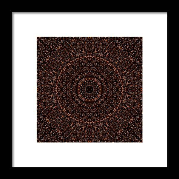 Brown Framed Print featuring the digital art Brown on Black Mandala Kaleidoscope Medallion Flower by Mercury McCutcheon
