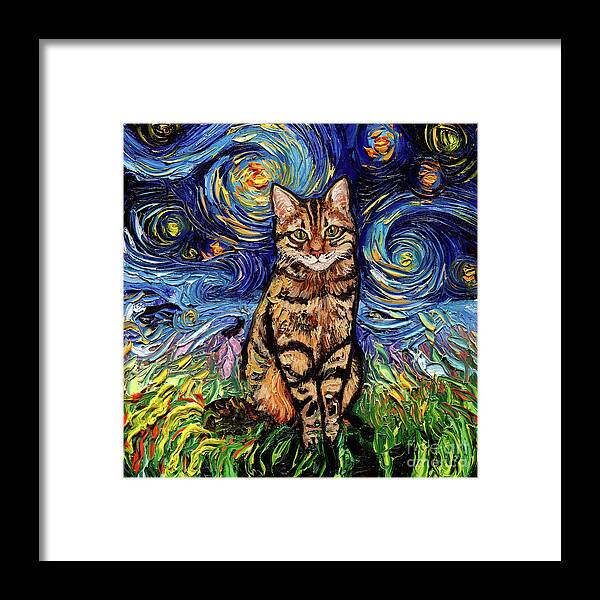 Brown Tabby Framed Print featuring the painting Brown Tabby Night by Aja Trier