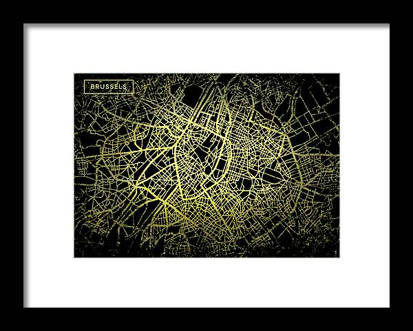Map Framed Print featuring the digital art Brussels Map in Gold and Black by Sambel Pedes
