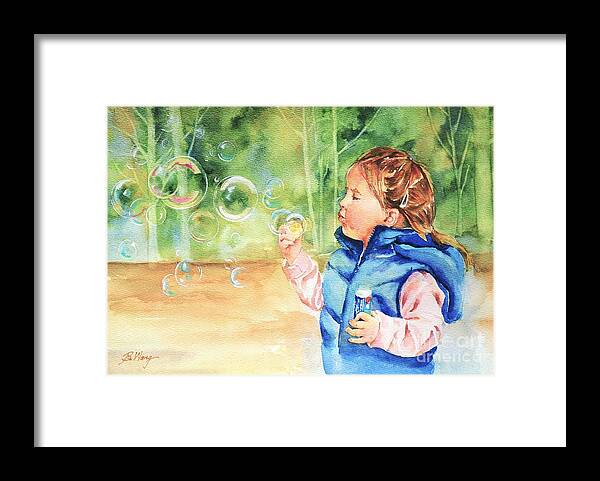 Little Girl Framed Print featuring the painting Bubble fun by Betty M M Wong