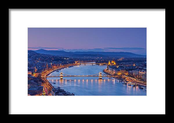 Panoramic Framed Print featuring the photograph Budapest in the night by Peter Zelei Images