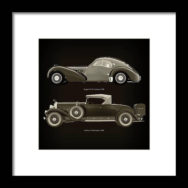 Bugatti Framed Print featuring the photograph Bugatti 57-SC Atlantic 1938 and Cadillac V16 Roadster 1930 by Jan Keteleer