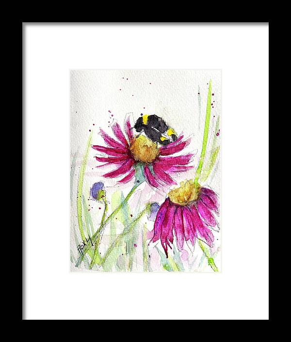 Bee Painting Framed Print featuring the painting Bumble Bee in the Coneflowers by Roxy Rich