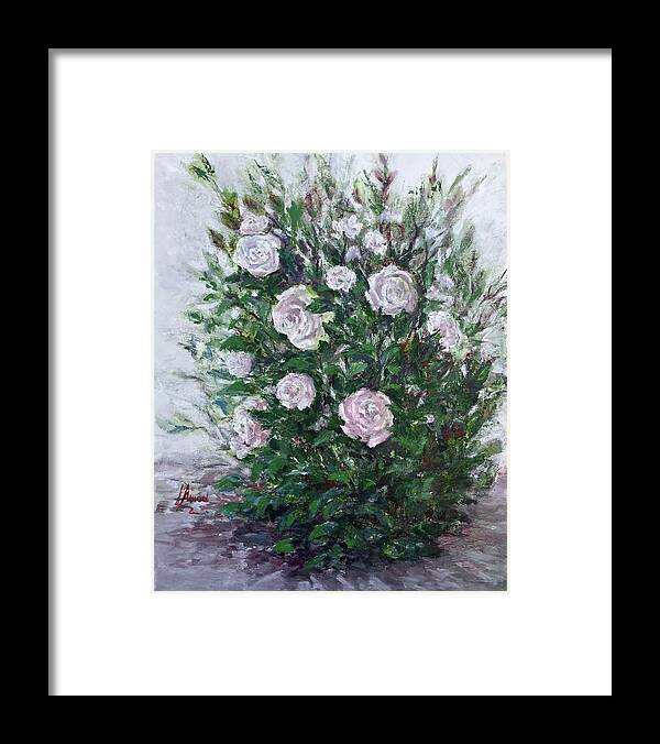 Roses Framed Print featuring the painting Bush of white roses by Laila Awad Jamaleldin