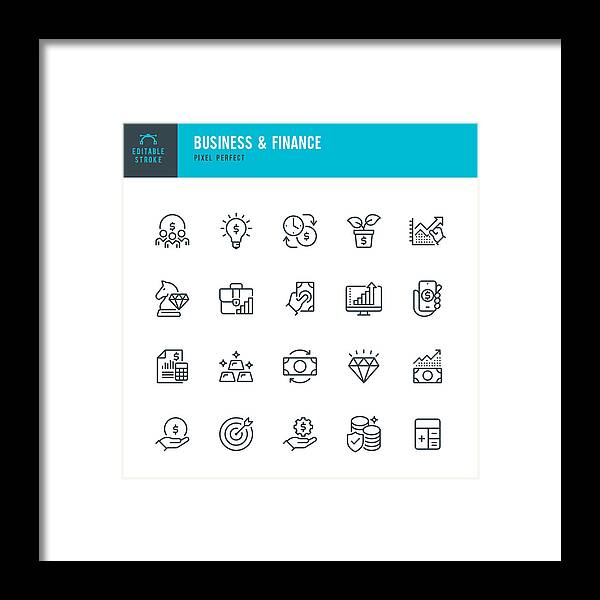 Market Research Framed Print featuring the drawing BUSINESS & FINANCE - thin line vector icon set. Pixel perfect. Editable stroke. The set contains icons: Investment, Wealth Growth, Gold, Business Strategy, Target, Wealth Insurance, Diamond. by Fonikum