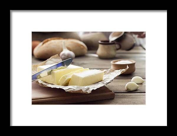 Milk Framed Print featuring the photograph Butter Knife , Bread , Garlic And Milk by Marrypopins