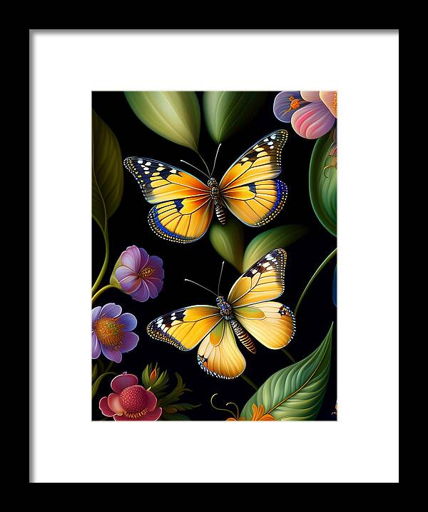 Illustration Framed Print featuring the digital art Butterflies in the Garden by Lori Hutchison
