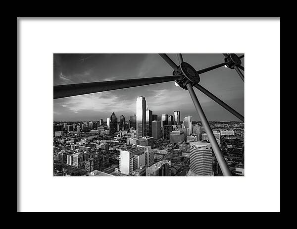 Dallas Skyline Framed Print featuring the photograph BW Dallas Texas Skyline From Reunion Tower by Gregory Ballos