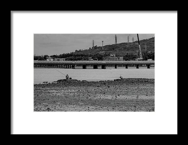 Fishing Framed Print featuring the photograph BW- Fishing at Low Tide by Eric Hafner