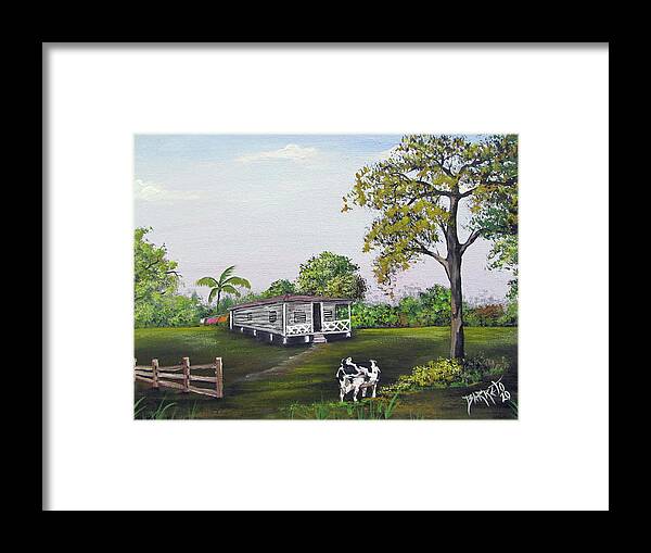 Cow Framed Print featuring the painting By The House by Gloria E Barreto-Rodriguez