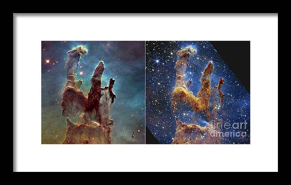August Framed Print featuring the photograph Pillars of Creation, JWST and Hubble images by Science Photo Library