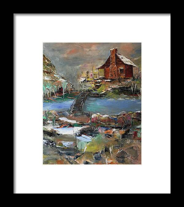Cabin Framed Print featuring the painting Cabin by the river by Maria Karlosak