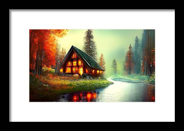 Digital Framed Print featuring the digital art Cabin on a River by Beverly Read