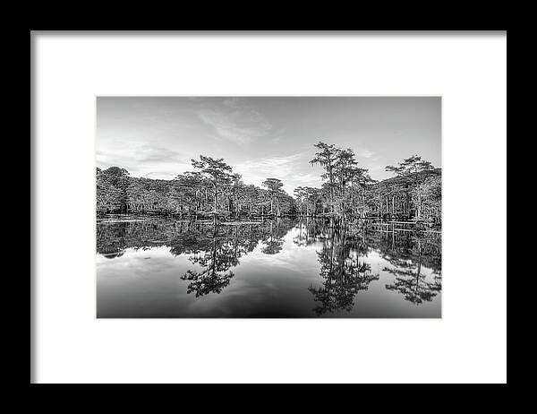Caddo Lake Framed Print featuring the photograph Caddo Lake Calm Black and White by JC Findley
