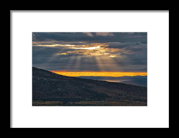 Crepuscular Rays Framed Print featuring the photograph Cadillac Mountain Crepuscular Rays by Stephen Vecchiotti