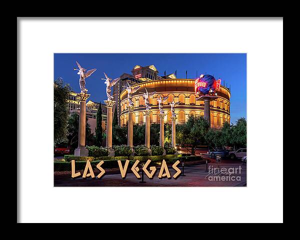 Post Card Framed Print featuring the photograph Caesars Palace Coloseum at Night With Winged Angels at Dusk Post Card by Aloha Art
