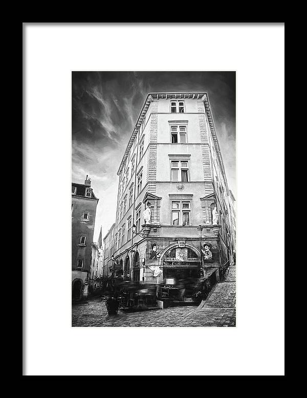 Lyon Framed Print featuring the photograph Cafe du Soleil Lyon France Black and White by Carol Japp