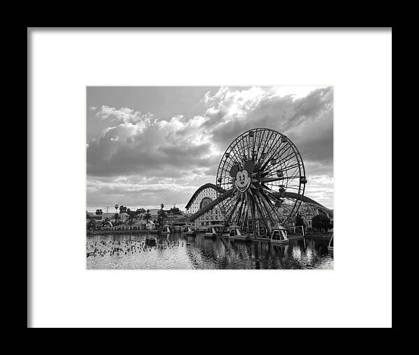Digital B&w Pier Adventureland Wheel Framed Print featuring the digital art California Adventureland by Beverly Read