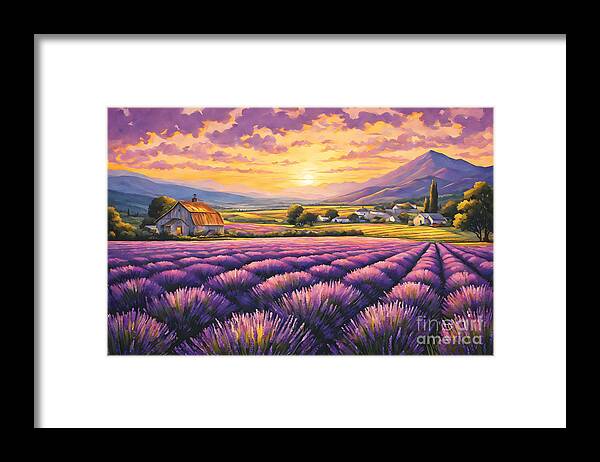 California Lavender Farm Sunset Painting Framed Print featuring the digital art California Lavender Farm Sunset Painting by Two Hivelys