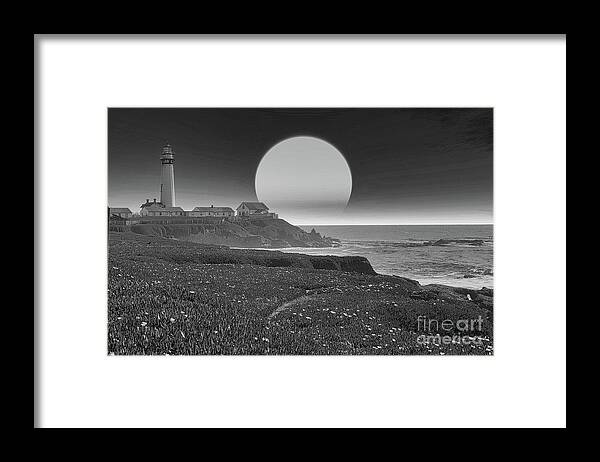 California Framed Print featuring the photograph California Pigeon Point Lighthouse Moon BW by Chuck Kuhn