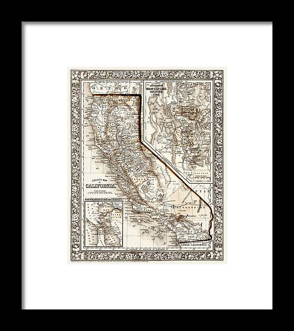 California Framed Print featuring the photograph California Vintage County Map 1860 Sepia by Carol Japp