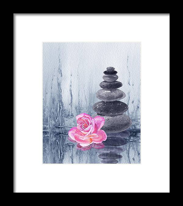 Zen Rocks Framed Print featuring the painting Calm Peaceful Relaxing Zen Rocks Cairn With Flower Meditative Spa Collection Watercolor Art V by Irina Sztukowski