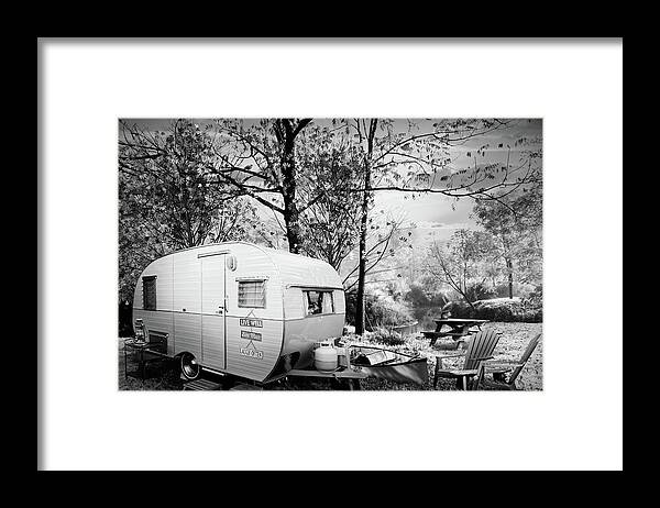 White Framed Print featuring the photograph Camping at the Creek Black and White by Debra and Dave Vanderlaan