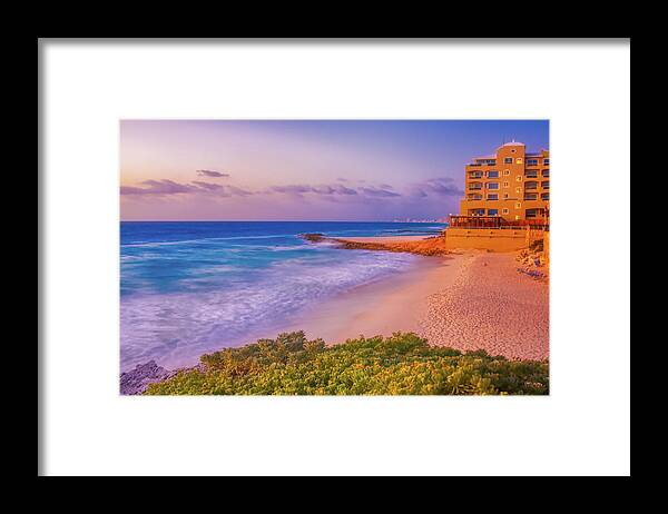 Cancun Framed Print featuring the photograph Cancun beach at sunrise by Tatiana Travelways