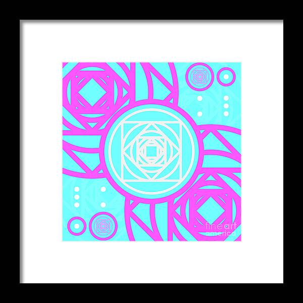 Abstract Framed Print featuring the mixed media Candy Bubblegum Geometric Glyph Art in Cyan Blue and Pink n.0261 by Holy Rock Design