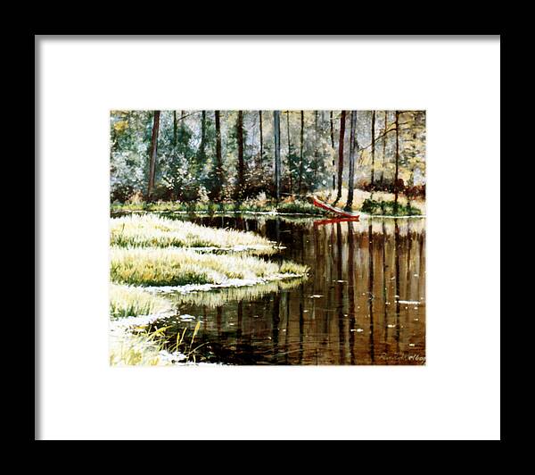 Canoe Framed Print featuring the painting Canoe on Pond by Randy Welborn
